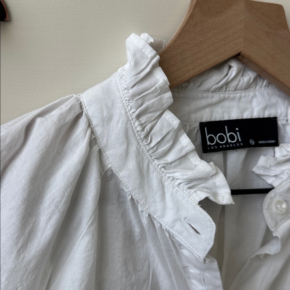 bobi White Ruffle-Neck Button-Down Blouse - Picture 3 of 6